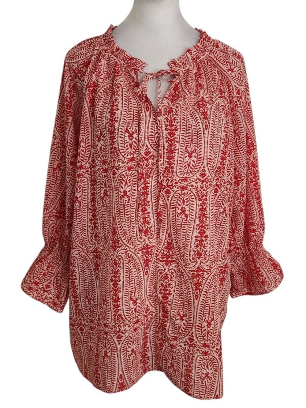 First Love Red and White Boho Print Blouse with Semi Sheer Fabric Size Large